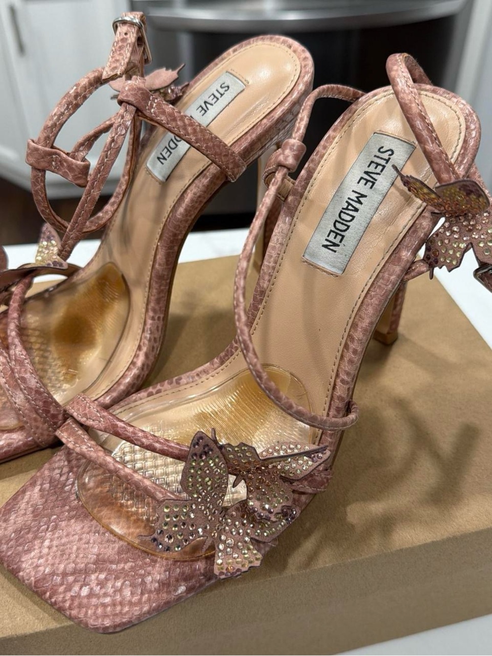 Steve Madden Rose-Pink Embellished Butterfly Heel Sandals